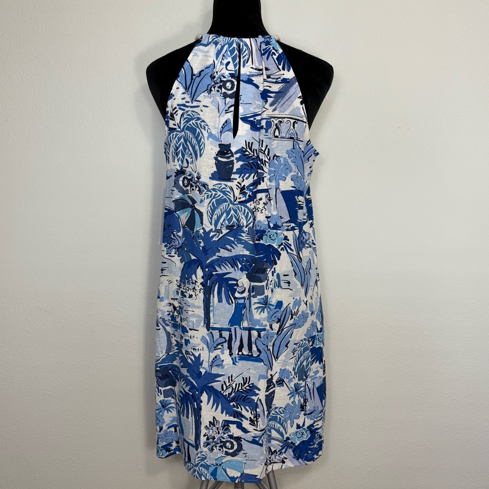 London Times Linen Blend Halter Sleeveless Seaside Print Shift A-Line Dress 8-10 - Picture 6 of 12